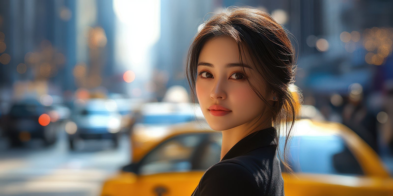 Young woman stands confidently on a busy city street during golden hour surrounded by yellow taxis and skyscrapers